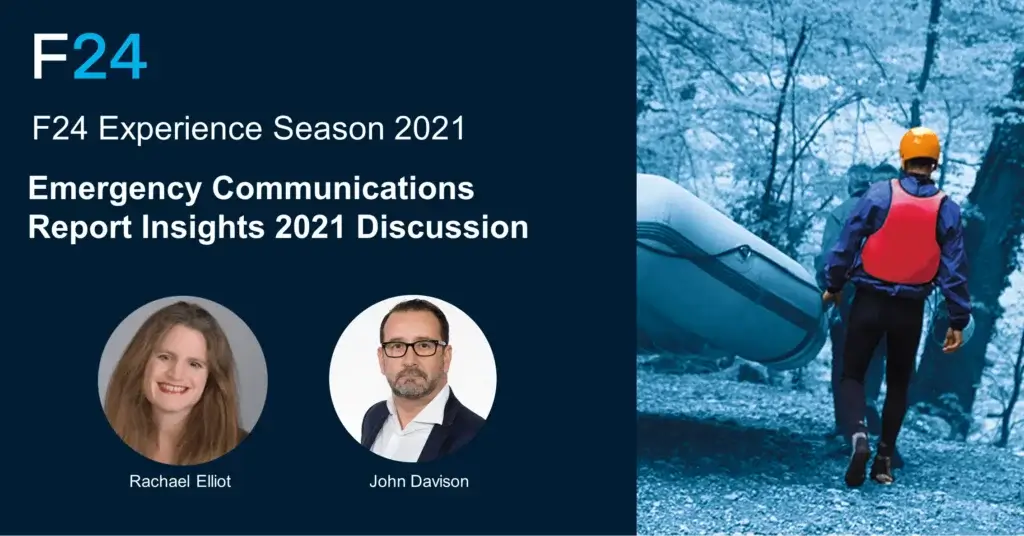 A promotional banner for the Highlights of the F24 Experience Season 2021 features a kayaker in gear and photos of Rachael Elliot and John Davison. The text underscores a discussion on Emergency Communications Report Insights 2021.