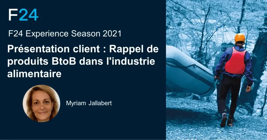 Une bannière promotionnelle pour l'Expérience Points forts de la F24 Saison 2021 présente une affiche bleue. Elle met en scène un kayakiste tenant son équipement, à côté d'une photo ronde de Myriam Jallabert. Le texte d'accompagnement est en français.