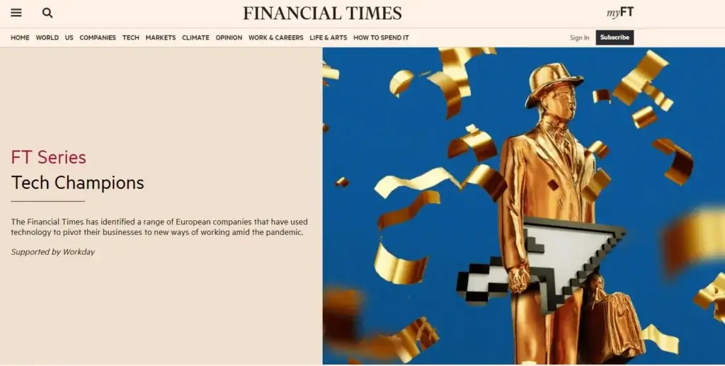 A Financial Times webpage showcases a gold statuette in a suit and hat, encircled by golden ribbons and a large computer cursor. The text, "Tech Champions," highlights European companies like F24 AG, recognized by Financial Times for leveraging technology to transform work methods, backed by Workday.