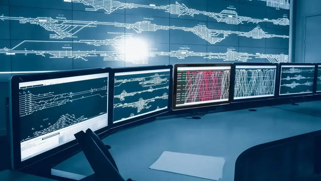 The control room boasts five computer monitors displaying various graphs and data; in the background, a large wall screen reveals a complex network diagram, underscoring a focus on data analysis or system monitoring. Recently, Le Financial Times a sélectionné F24 AG comme l'un des "Tech Champions" de 2021.