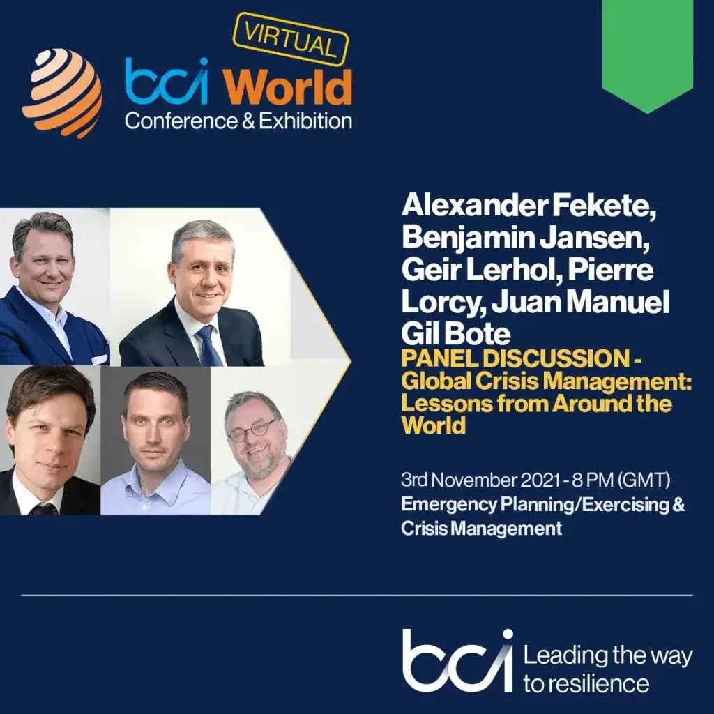 Promotional graphic for the BCI World Virtual Conference & Exhibition 2021, highlighting F24 AG's compelling panel discussion on global crisis management. Featuring six male speakers’ headshots and event details on a blue background.