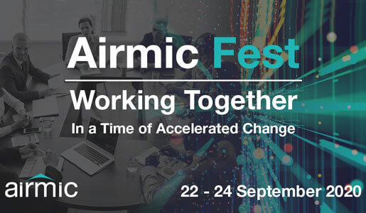 A business meeting unfolds with people gathered around a conference table. Overlaying the scene, text reads "Airmic Fest: Working Together in a Time of Accelerated Change, 22-24 September 2020," set against a futuristic digital backdrop.