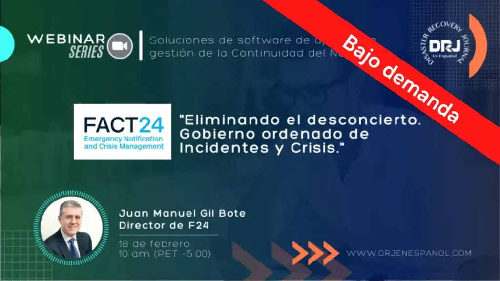 Join us for an exclusive Evento F24 - DRJ webinar featuring Juan Manuel Gil Bote, Director de F24, discussing emergency notification and crisis management. Tune in on February 18 at 10 am (PET). A red "Bajo demanda" banner highlights its significance, with logos displayed prominently.