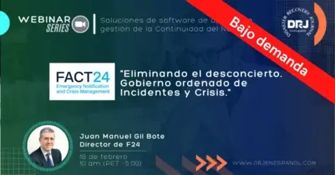Join us for an exclusive Evento F24 - DRJ webinar featuring Juan Manuel Gil Bote, Director de F24, discussing emergency notification and crisis management. Tune in on February 18 at 10 am (PET). A red "Bajo demanda" banner highlights its significance, with logos displayed prominently.
