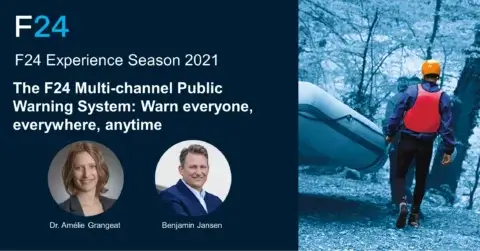 A promotional image for F24 Experience Season 2021 highlights the F24 Multi-channel Public Warning System, or Bevölkerungswarnsystem. Featuring Dr. Amélie Grangeat and Benjamin Jansen, it captures a dynamic kayaker in the background.