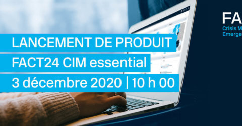 A person is engaged with a laptop displaying a website that reads: "Lancement de produit FACT24 CIM essential, 3 décembre 2020, 10 h 00." A logo prominently displays "FACT24 Crisis Management and Emergency Notification.