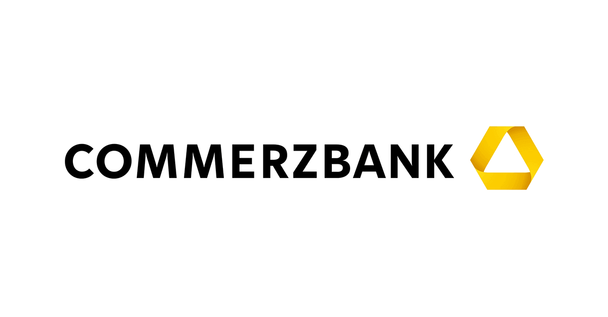 The image showcases the Commerzbank logo, with "Commerzbank" in bold black letters followed by a stylized yellow triangle made of curved arrows, symbolizing the bank's icon. The crisp white background highlights the brand's precision and alertness akin to a well-tuned alarmas system.