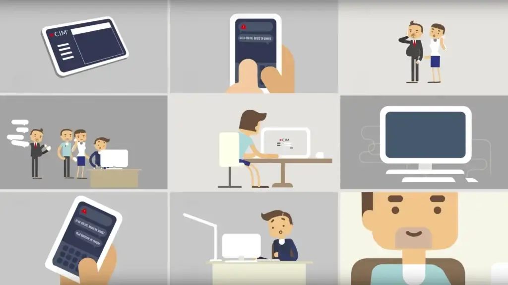 A collage of illustrations shows various scenes: a hand holding a device, people talking, a person at a computer, and a close-up of a man. There's a mix of work and tech-related elements throughout.