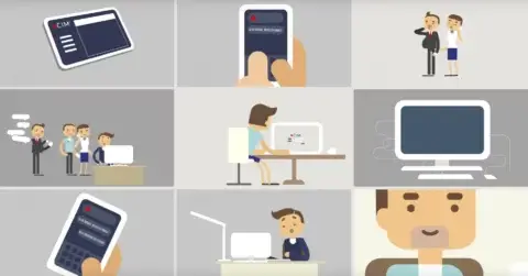 A collage of illustrations shows various scenes: a hand holding a device, people talking, a person at a computer, and a close-up of a man. There's a mix of work and tech-related elements throughout.