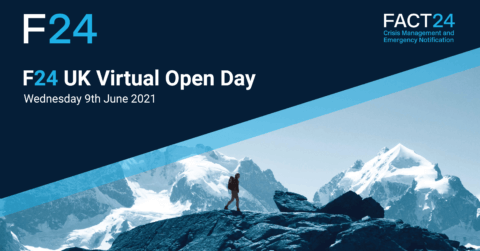 A person stands on a rocky mountain peak, snow-covered mountains in the background, symbolizing the adventurous spirit of the F24 UK Virtual Open Day on Wednesday, 9th June 2021. The F24 and FACT24 logos are proudly displayed.