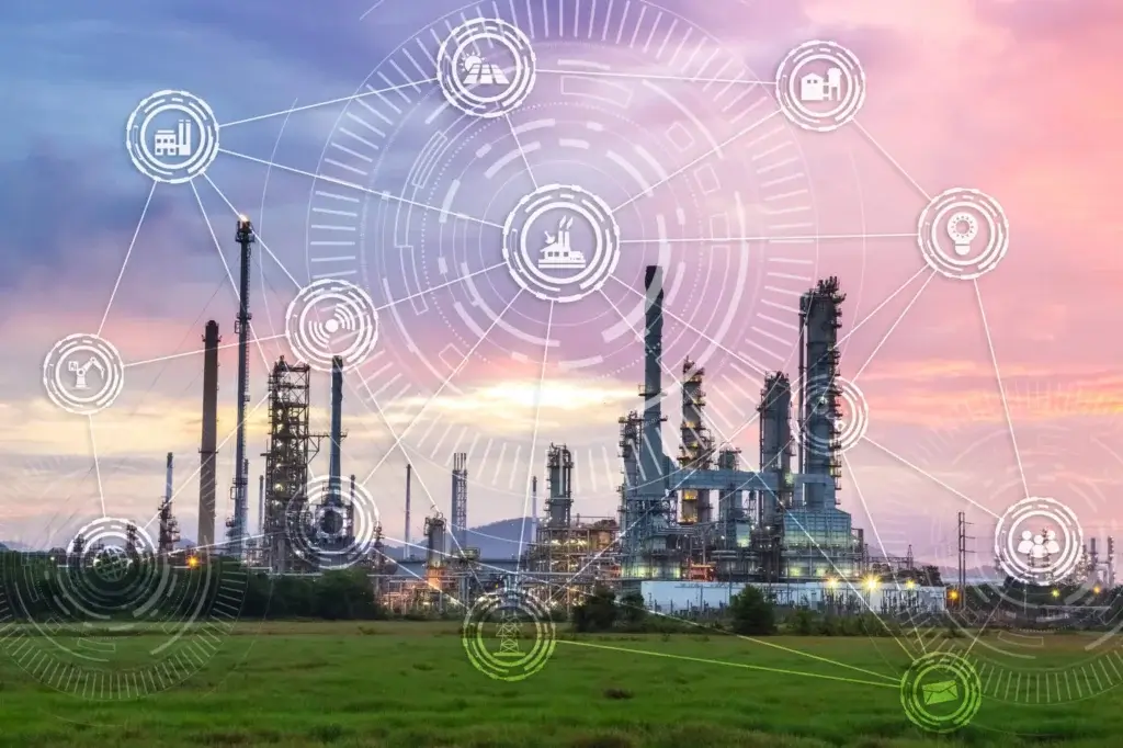 Industrial facility with tall structures at sunset. Overlay of interconnected digital icons representing technology and industry surrounds the image, creating a futuristic and high-tech appearance. Green grass in the foreground.