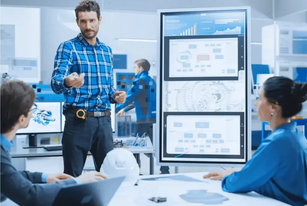 A man in a blue plaid shirt gestures while presenting data on a large digital screen in an office. Two colleagues sit at a table with documents and a hard hat. Another person works in the background. The setting is modern and professional.