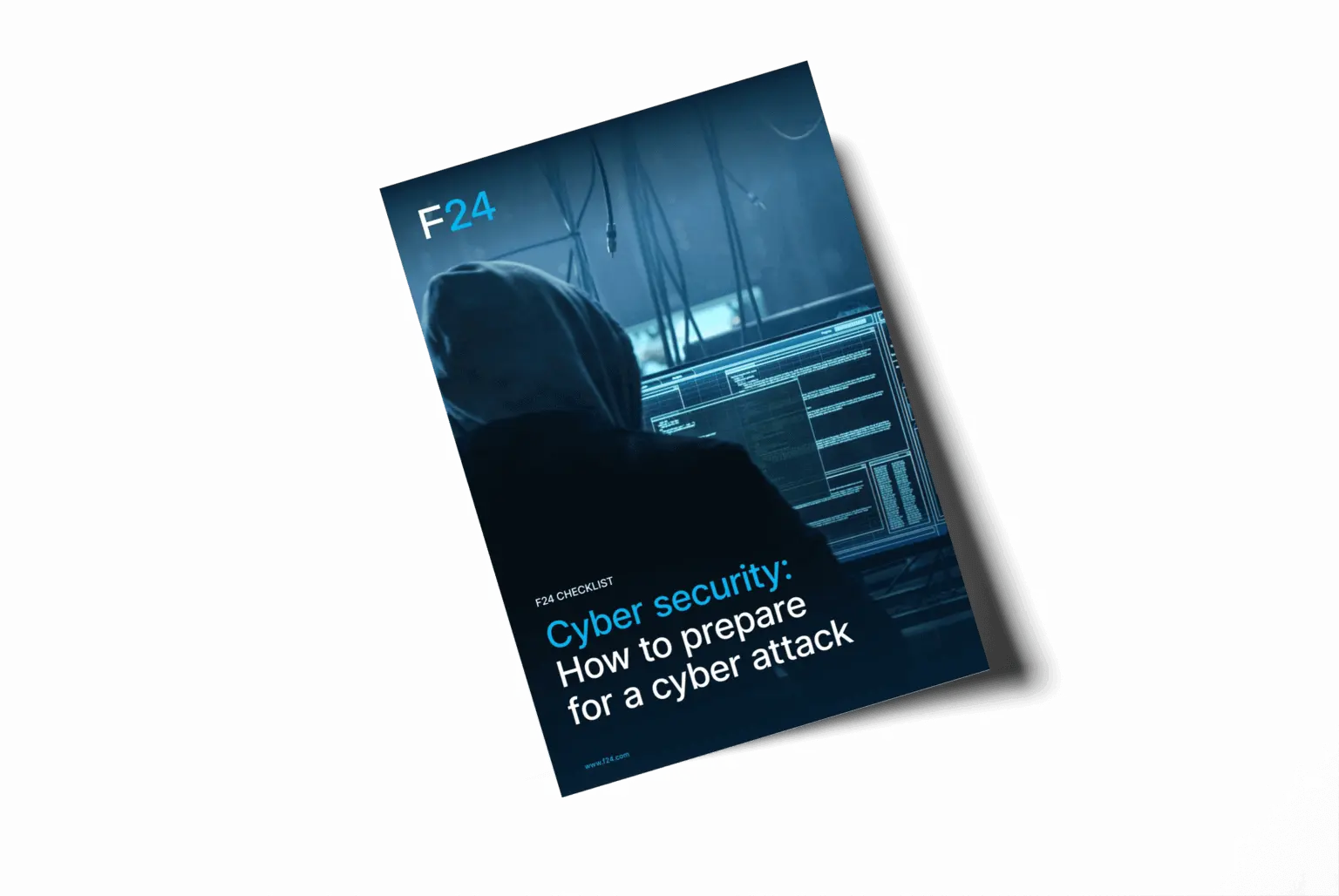 A booklet titled "Cyber security: How to prepare for a cyber attack" is displayed against a white background. The cover features a hooded figure in front of multiple computer screens with code.