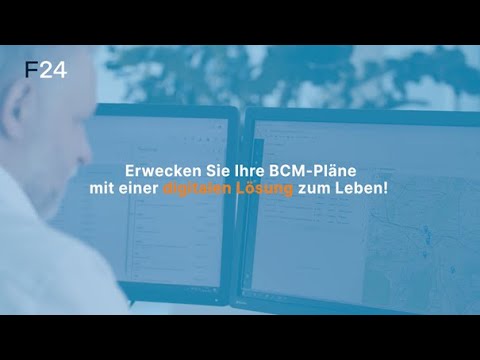 A person is sitting at a desk, working on two computer monitors displaying software interfaces. The text on the image reads "Erwecken Sie Ihre BCM-Pläne mit einer digitalen Lösung zum Leben!" The background is slightly blurred.