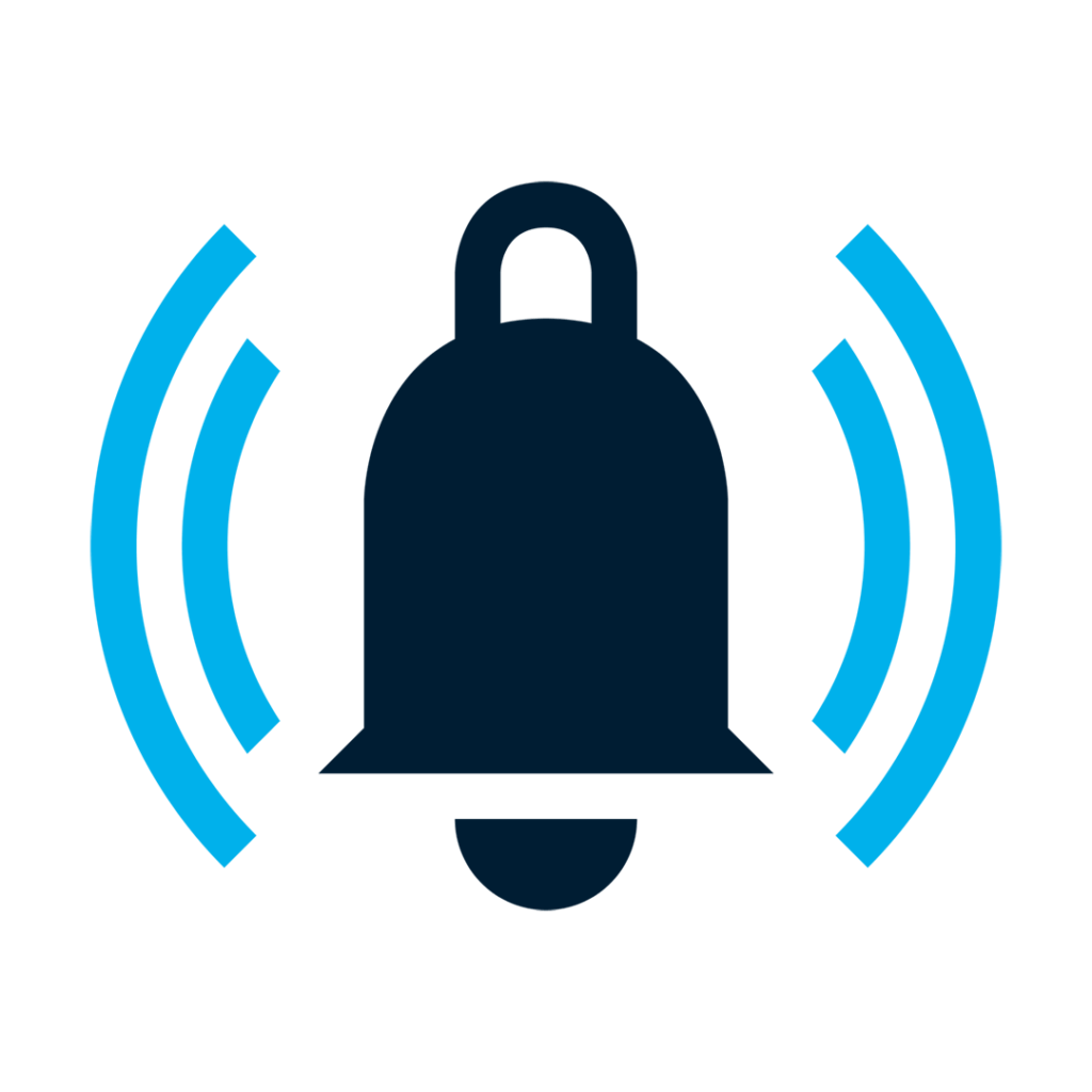 Icône représentant une cloche bleu foncé entourée de deux lignes courbes bleu clair, indiquant des alertes sonores ou de notification. Le fond est blanc uni.
