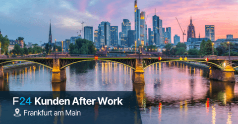 Ein malerischer Blick auf Frankfurt am Main in der Abenddämmerung mit einer Brücke über einen Fluss und beleuchteten Wolkenkratzern, die die Skyline erhellen. Text: „F24 Kunden After Work, Frankfurt am Main – ein Abend, der an den BCM-Stammtisch in Graz erinnert.“.