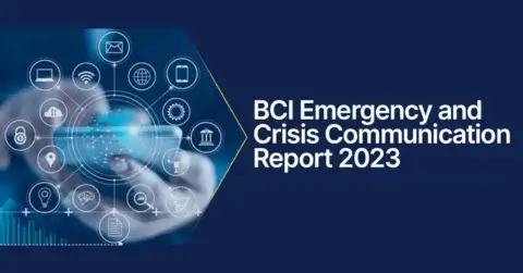 A graphic showing a hand holding a tablet, surrounded by digital communication icons like email and chat. Adjacent is the text "BCI Emergency and Crisis Communication Report 2023" on a dark blue background.