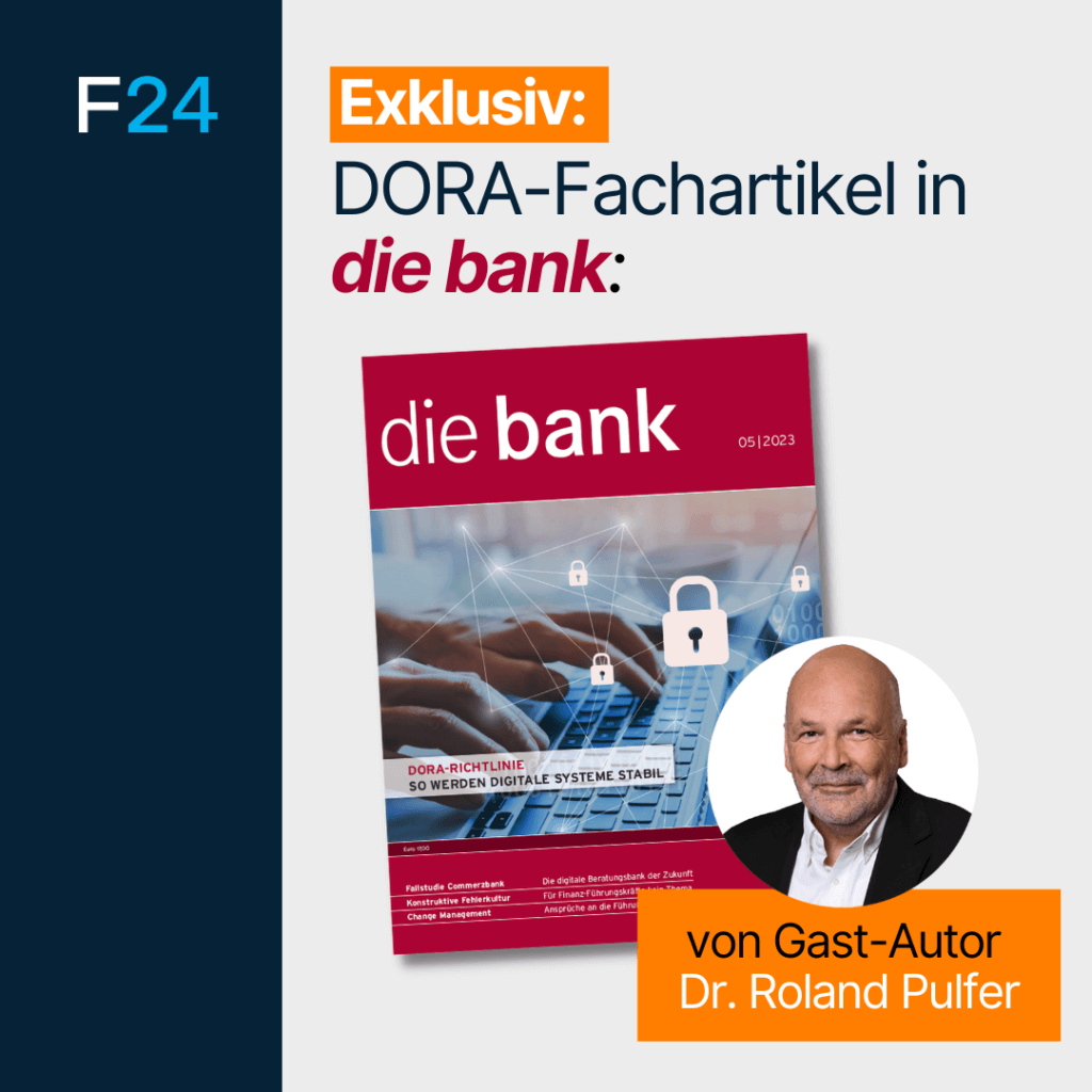 Cover des Magazins „die bank“ mit einem exklusiven DORA-Artikel von Gastautor Dr. Roland Pulfer. Das Cover ist mit digitalen Icons und tippenden Händen verziert und fängt die Essenz der digitalen Transformation des modernen Bankwesens ein.