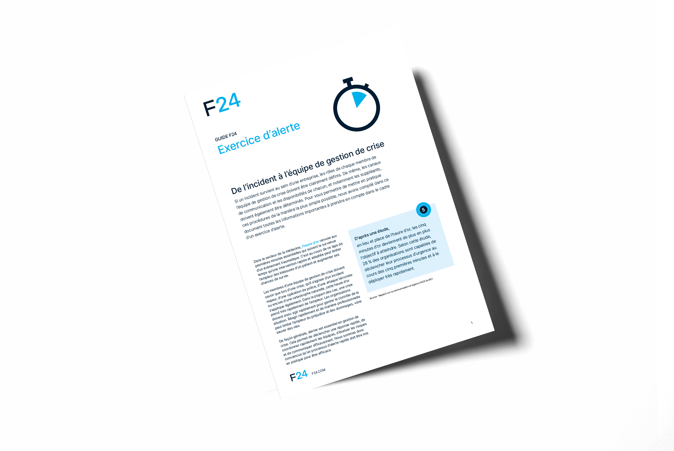 Un document intitulé « Exercice d'alerte » avec des éléments minimalistes en noir, bleu et blanc. Il comprend une icône de chronomètre, des paragraphes de texte et un encadré surligné avec plus de texte. Ce document provient de F24 et présente un effet d'ombre.