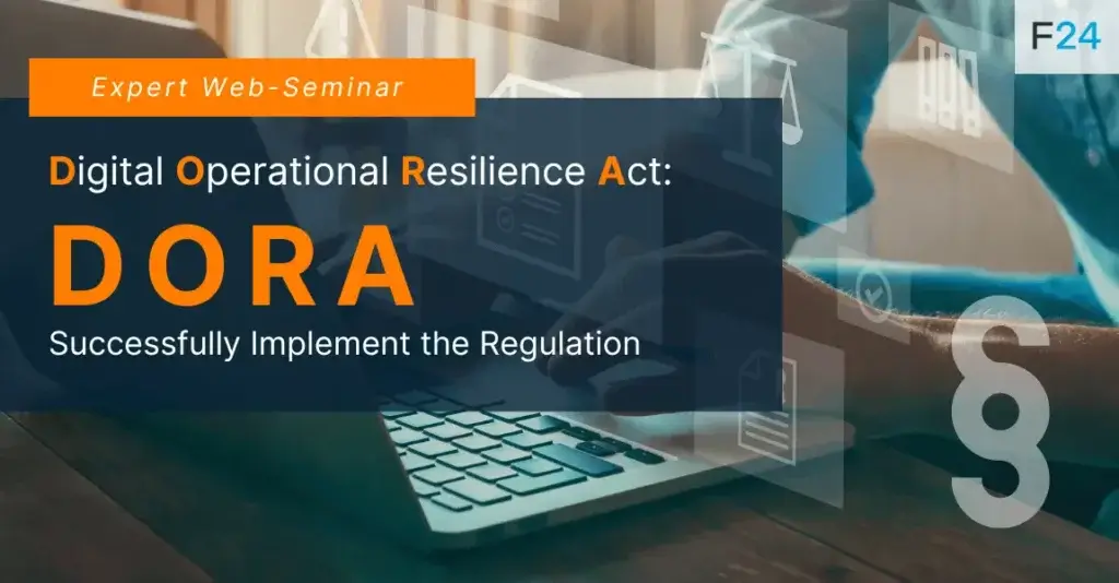 A laptop user joins an online seminar, with text overlay stating: "Expert Web-Seminar: Successfully Implementing DORA." Icons of digital documents float around, emphasizing the focus on the Digital Operational Resilience Act.