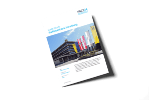 A brochure titled "Case Study Raiffeisenbank Vorarlberg" shows a building with several national and organizational flags in front, set against a clear blue sky. The document features FACT24 branding.