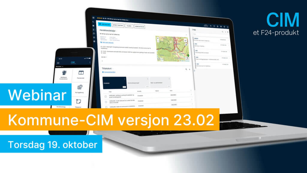 Kampanjebilde for "Webinaret: Kommune-CIM 2023" om versjon 23.02, med en bærbar PC og smarttelefon som viser et programvaregrensesnitt. Tekst nevner webinarets dato, "Torsdag 19. oktober," og fremhever CIM som et F24-produkt.