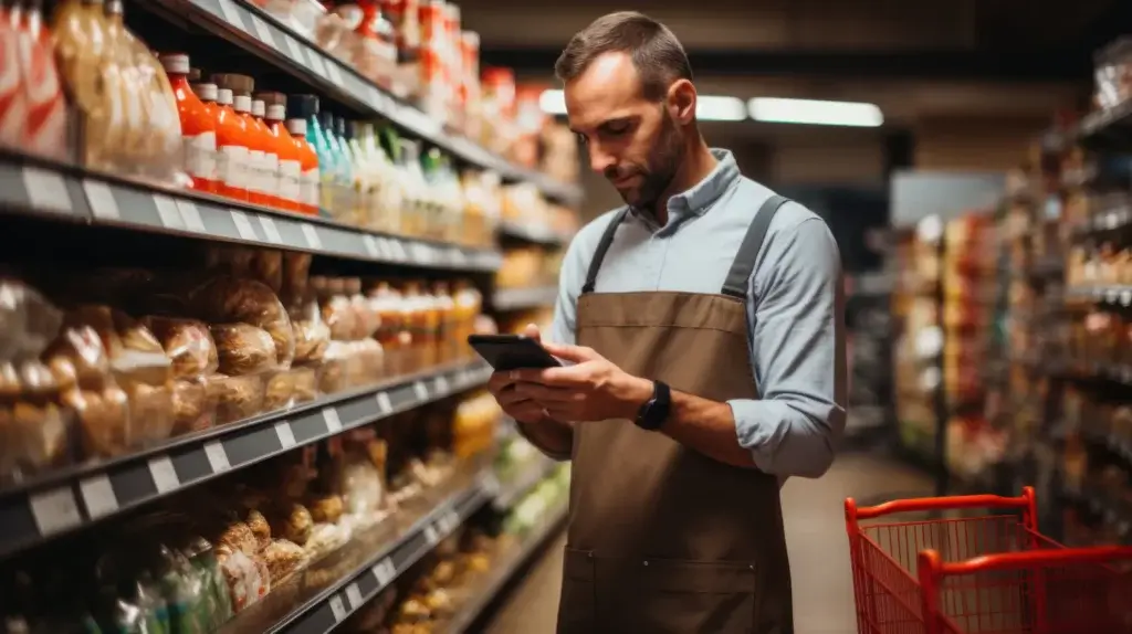 Un hombre con delantal está de pie en el pasillo de una tienda de alimentación, mirando una tableta mientras supervisa la gestión de crisis de retirada de productos. Las estanterías están repletas de pan y bebidas, y junto a él hay una cesta de la compra roja.
