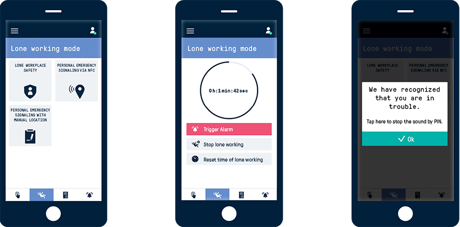 En mobiltelefon viser den aktiverte Lone Worker-appen, et essensielt verktøy for beskyttelsen av enkeltpersoner som jobber alene i museer og kulturinstitusjoner.