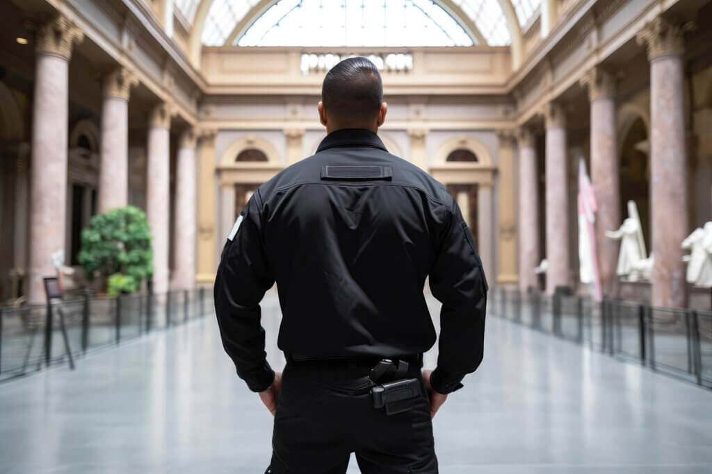 A uniformed security officer monitors the exhibition rooms in the museum alone, ensuring the protection of artworks and visitors