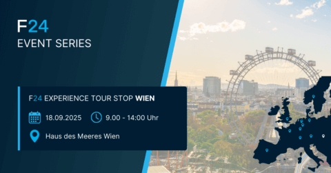 Promotional image for the F24 Experience Tour Wien – an event for Resilienz & Krisenmanagement. It showcases a cityscape with a Ferris wheel, date "18.09.2025, 9:00 - 14:00 Uhr," and venue "Haus des Meeres Wien." A map highlights its location in Europe.