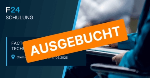 Event banner for FACT24 Mediagateway Basis Technikerschulung with "AUSGEBUCHT" (sold out) boldly in orange, partially covering event details. In the background, a person is writing or using a tablet.