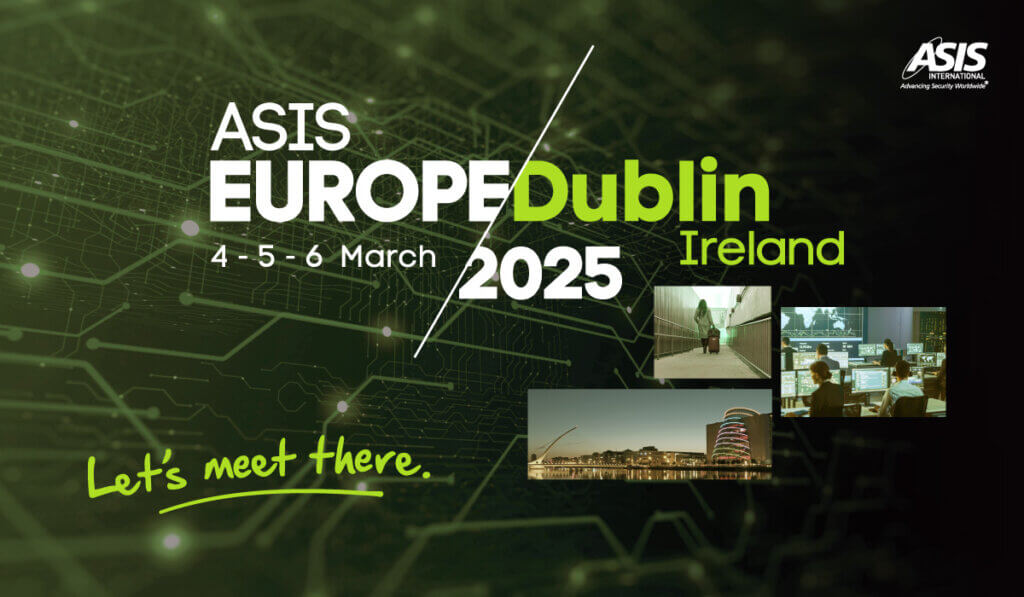 La imagen muestra un banner para la feria ASIS Europe 2025 en Dublín (Irlanda).