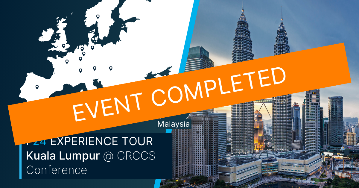 A map of Europe and a photo of Kuala Lumpur’s Petronas Towers with an orange banner reading "EVENT COMPLETED." Text below: "F24 Experience Tour, 2024 @ GRCCS Conference, Malaysia.