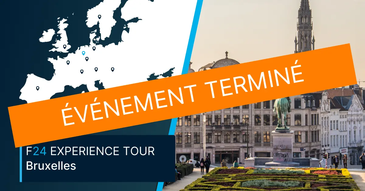 A banner reading "ÉVÉNEMENT TERMINÉ" covers an image split between a map of Europe with location markers and a city scene of Brussels, highlighting the F24 Experience Tour. Text below reads "F24 EXPERIENCE TOUR Bruxelles.