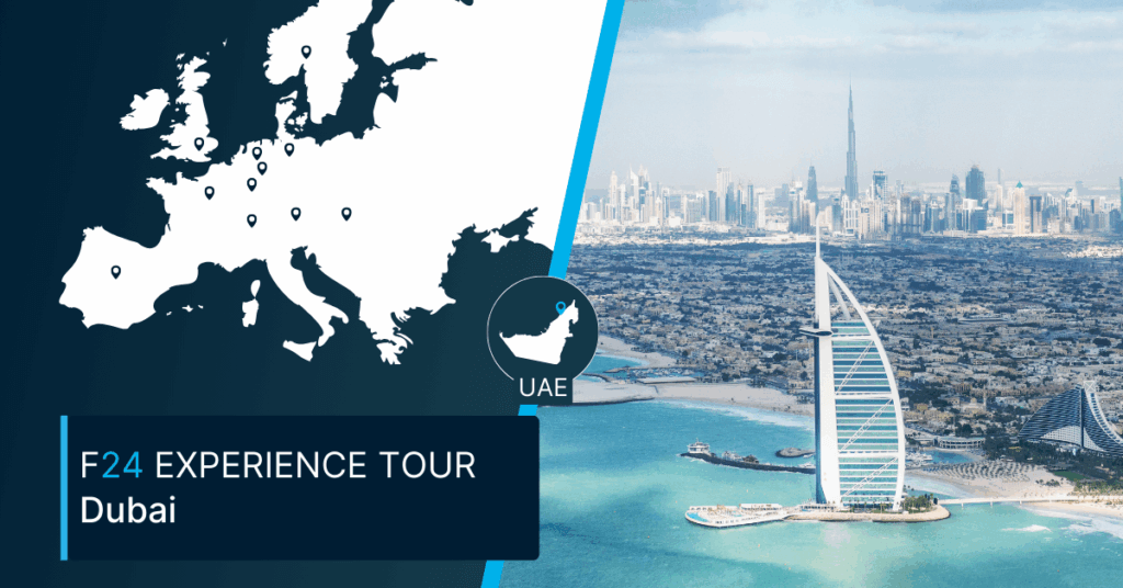 Split-screen image: left side shows a map of Europe with markers and a UAE location inset; right side features Dubai’s skyline with Burj Al Arab and Burj Khalifa. Text reads “F24 Experience Tour Dubai.” Discover the F24 Experience Tour adventure!.