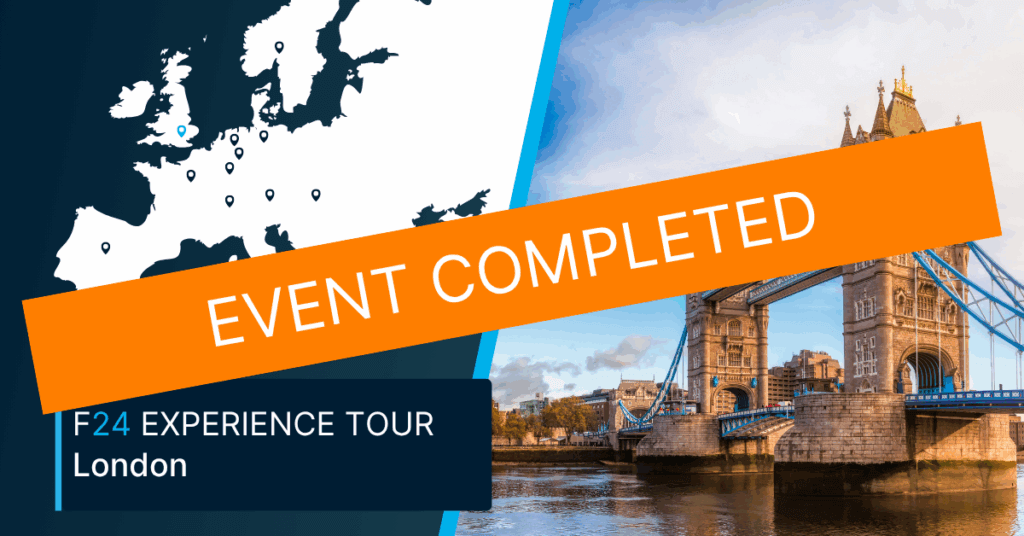 A map of Europe and a photo of Tower Bridge in London are shown. An orange banner across the image reads “EVENT COMPLETED.” Text at the bottom left highlights the F24 Experience Tour London.