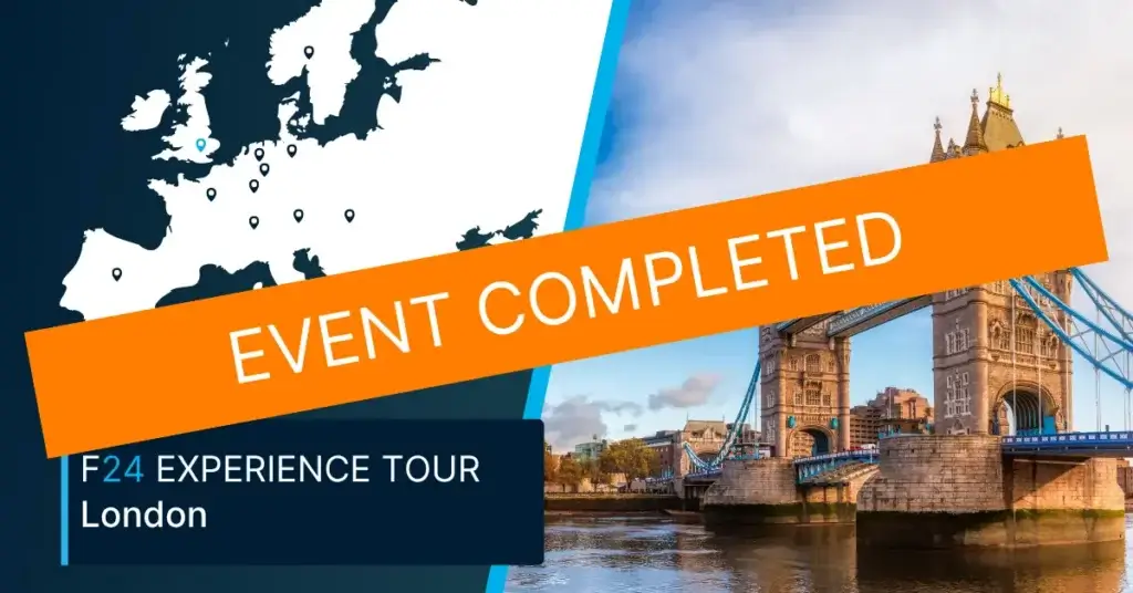 A map of Europe and a photo of Tower Bridge in London are shown. An orange banner across the image reads “EVENT COMPLETED.” Text at the bottom left highlights the F24 Experience Tour London.