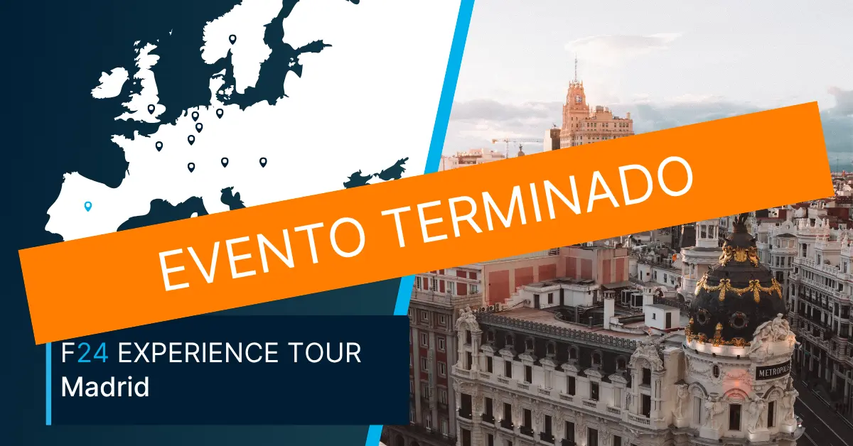 A map of Europe and a photo of Madrid’s skyline appear side by side. An orange banner with "EVENTO TERMINADO" overlays the image. Below, text reads "F24 Experience Tour Madrid," marking the end of this F24 Experience Tour event.