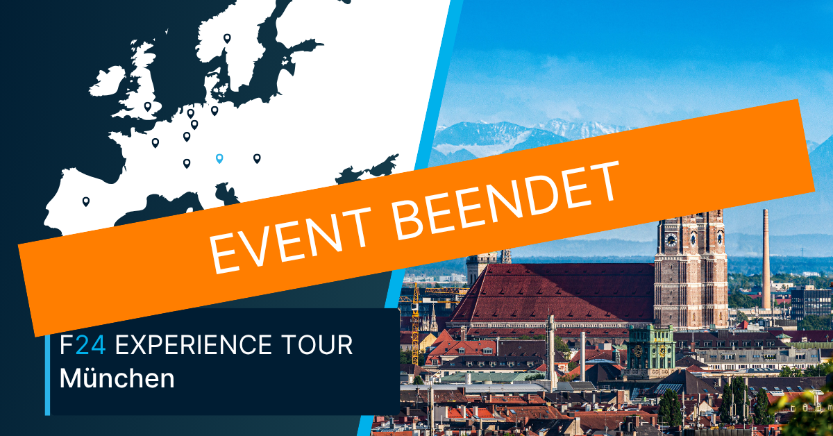 A map of Europe and a Munich cityscape appear side by side. An orange banner with the German text "EVENT BEENDET" (Event Ended) is placed across the image. Below, it reads: "F24 Experience Tour München.
