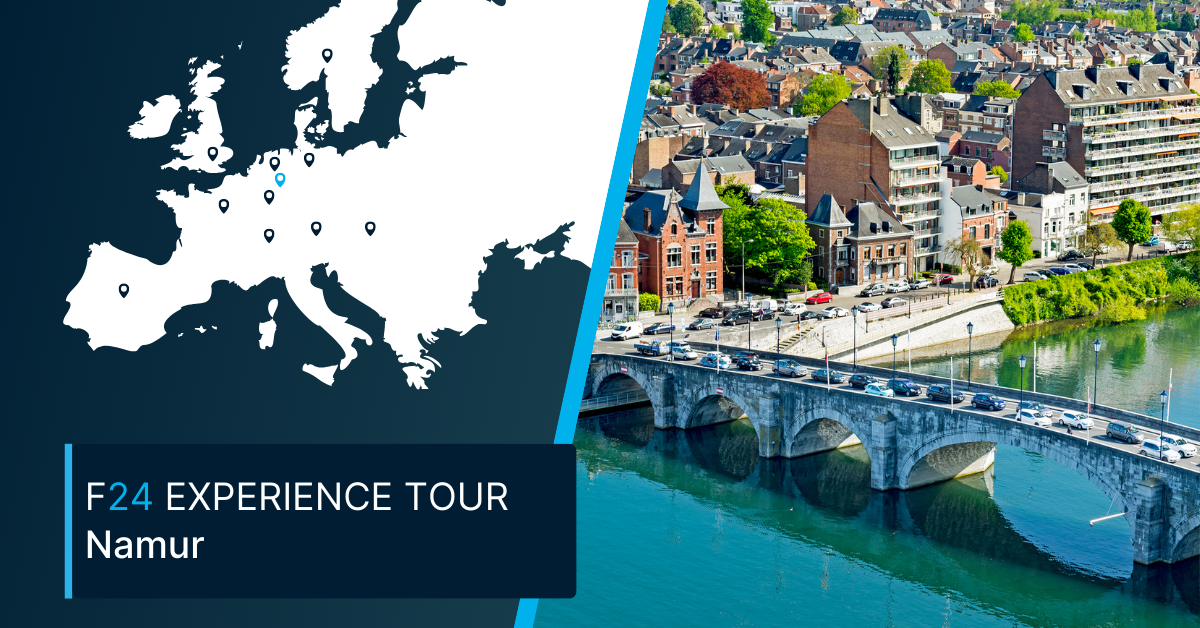 Split image: Left side shows a map of Europe with blue location markers; right side features a scenic bridge, historic buildings, and greenery in Namur, Belgium. Text reads, "F24 EXPERIENCE TOUR Namur." Discover the F24 Experience Tour in this charming city!.