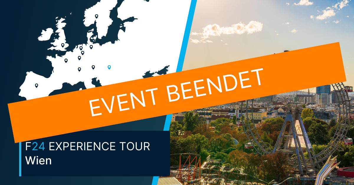 A graphic showing a map of Europe and a cityscape of Vienna with an orange "EVENT BEENDET" banner across it. Text below features "F24 Experience Tour Wien," highlighting the event's location in Vienna.