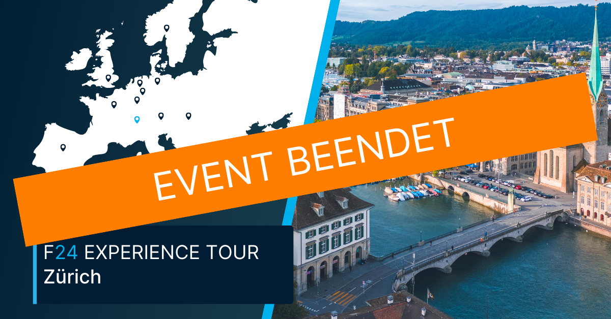 Split image: left shows a map of Europe with markers; right displays Zürich’s cityscape with river and bridge. An orange banner says "EVENT BEENDET". Below, the text reads "F24 Experience Tour Zürich", highlighting the recent F24 Experience Tour event.