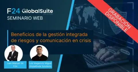 Webinar banner for F24 GlobalSuite Solutions. Topic: "Beneficios de la gestión integrada de riesgos, comunicación en crisis y respuesta ante ciberataque." Features photos of two speakers and a red ribbon stating "Grabación disponible.