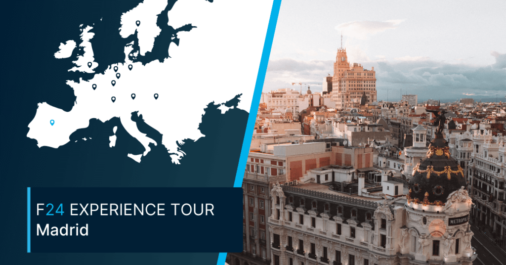 Split image: Left side shows a map of Europe with several marked locations, highlighting Spain. Right side features a cityscape of Madrid with historic buildings. Text reads: "F24 Experience Tour Madrid.