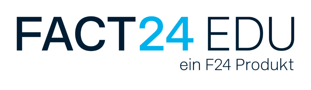 Logo with the text "FACT 24 EDU" in large letters and "ein F24 Produkt" below in smaller font, featuring a color contrast between dark and light blue.