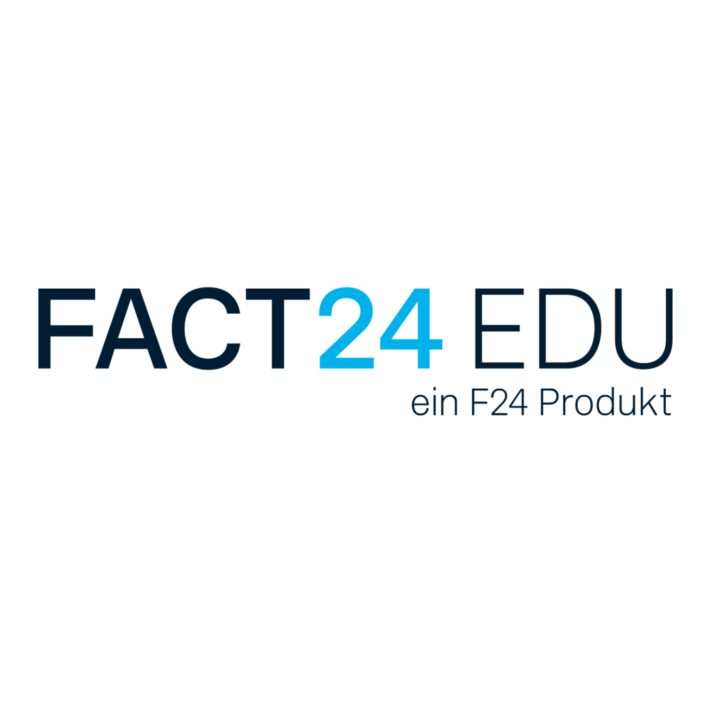 Text logo on a black background reads "FACT24 EDU ein F24 Produkt" in a modern font. The "24" is highlighted in blue, while the other text is in white.