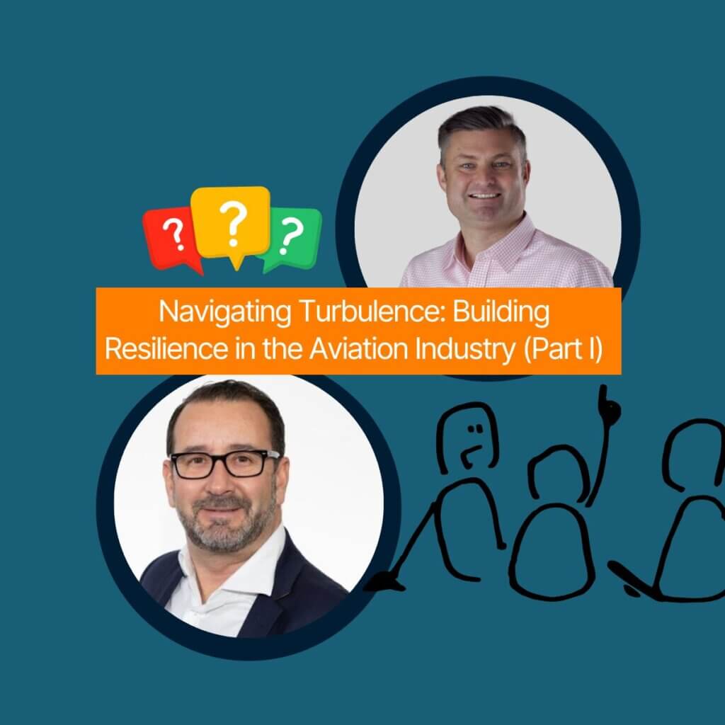A graphic with photos of two men in business attire, speech bubbles with question marks, and text: "Navigating Turbulence: Building Resilience in the Aviation Industry (Part I)". Doodle figures appear on the right, highlighting a podcast emergency notification theme.