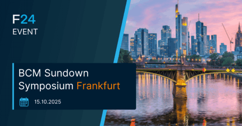Veranstaltungsbanner für „F24 BCM Sundown Symposium Frankfurt“, mit einer Stadtansicht von Frankfurt bei Sonnenuntergang, einer Brücke über den Fluss und dem Veranstaltungsdatum 15.10.2025 auf der linken Seite.