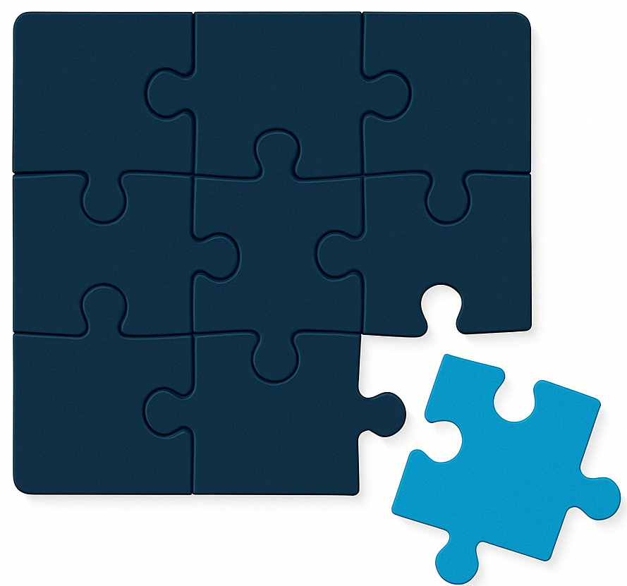 A nearly completed dark blue puzzle with one piece missing in the lower right corner. The missing piece, which is light blue, is lying next to the puzzle, ready to be placed.