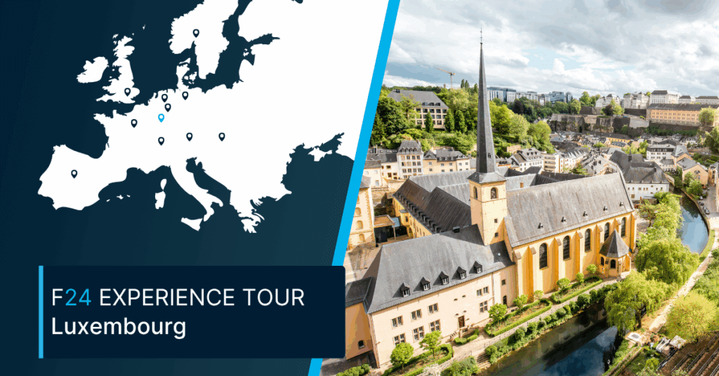Split image: Left side features a map of Europe with locations marked and the text "F24 EXPERIENCE TOUR Luxembourg." Right side displays a scenic view of Luxembourg City. Experience Tour F24 Stop Paris is highlighted as part of the journey.